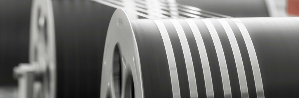 6 endless reel-to-reel strips of photo chemically etched precision metal parts on guiding rolls